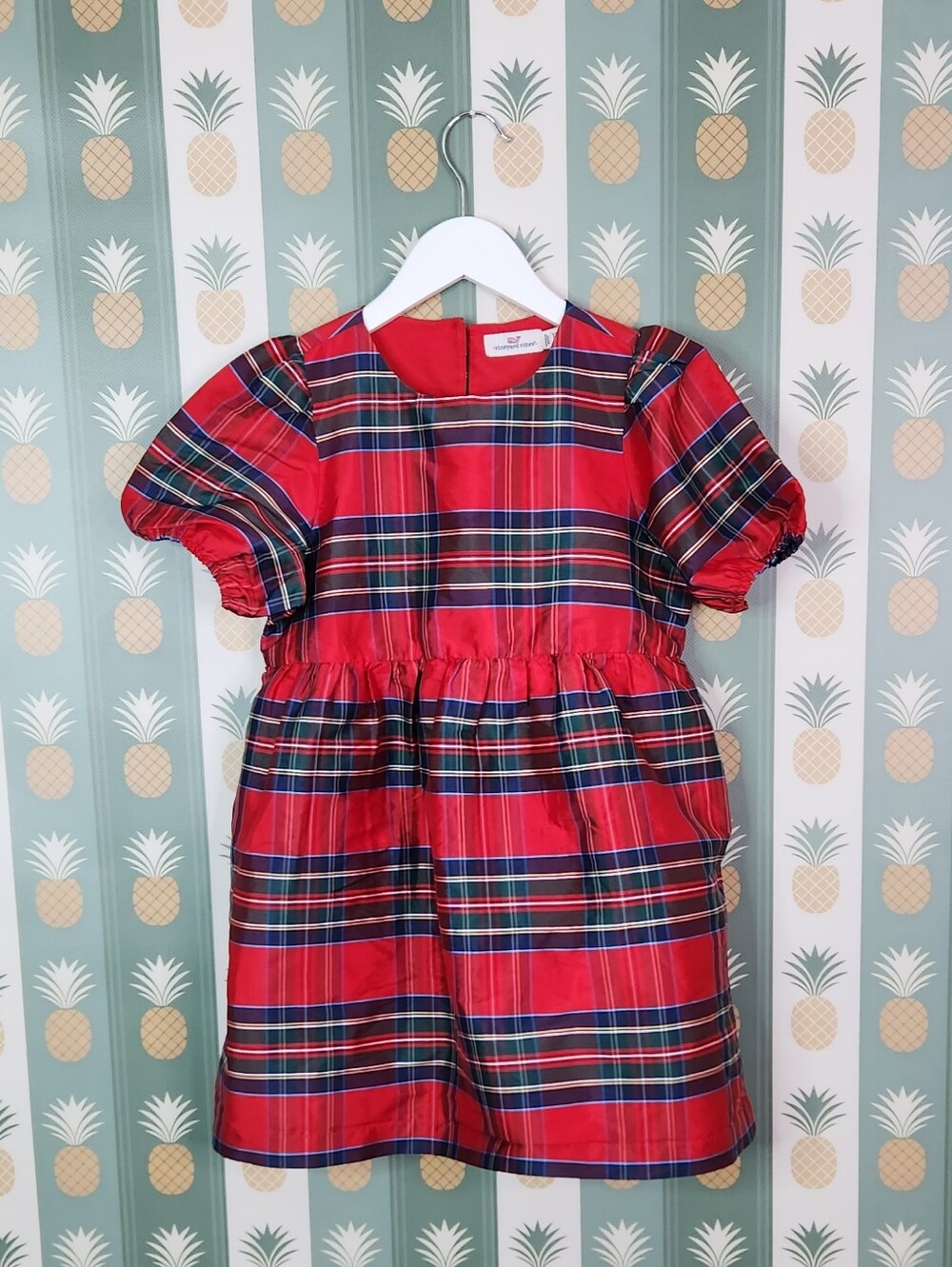 Vineyard Vines Taffeta Puff Sleeve Tartan Dress